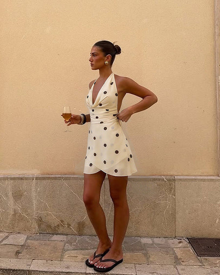 Agathe Cowl Overlap Polka Mini Dress - side shot, cream with brown polka dot - Miss Mosa By Akanksha