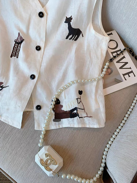 Agnes Vest Summer Top - close-up shot, white with embroidery - Miss Mosa By Akanksha