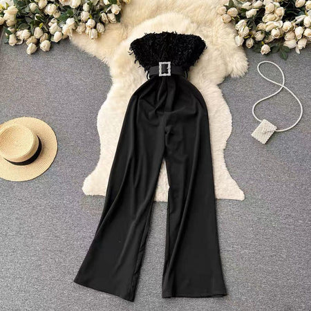 Agnia Offshoulder Jumpsuit - styled flat-lay shot, black - Miss Mosa By Akanksha