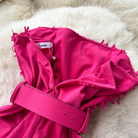 Agnia Offshoulder Jumpsuit - close-up of bodice and belt, pink - Miss Mosa By Akanksha