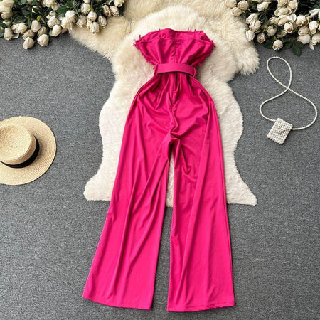 Agnia Offshoulder Jumpsuit - back shot styled flat-lay, pink - Miss Mosa By Akanksha