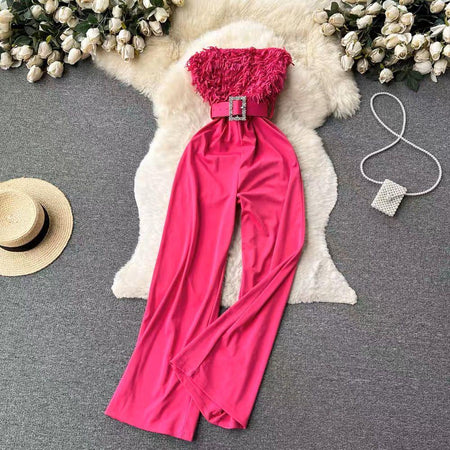 Agnia Offshoulder Jumpsuit - styled flat-lay shot, pink - Miss Mosa By Akanksha