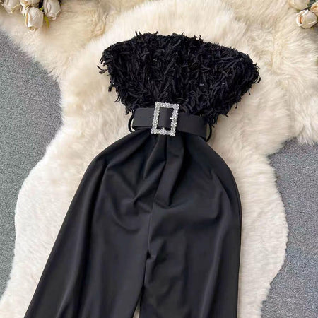 Agnia Offshoulder Jumpsuit - close-up of bodice and belt, black - Miss Mosa By Akanksha