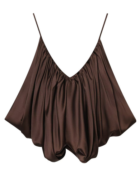 Aiko Balloon Satin Top - flat product shot, brown - Miss Mosa By Akanksha