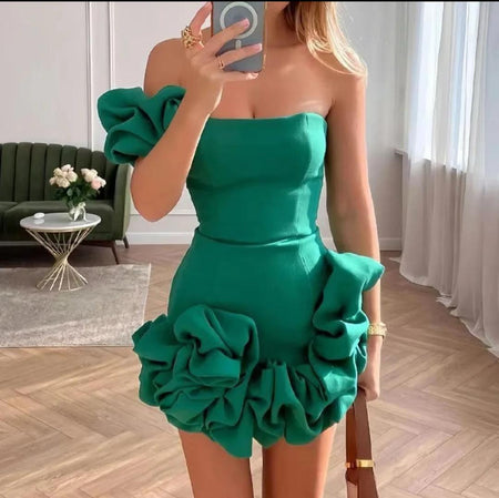Diana One Shoulder Ruffled Dress In Green