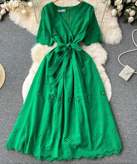 Aimee Cotton Dress - flat-lay product shot, green - Miss Mosa By Akanksha