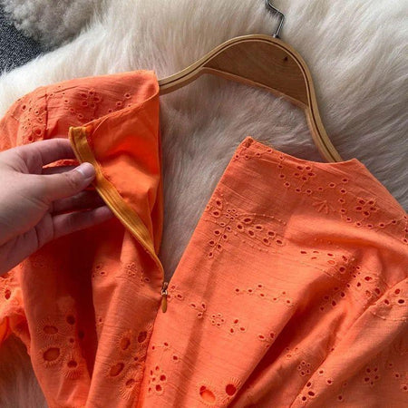Aimee Cotton Dress - close-up of zip, orange - Miss Mosa By Akanksha