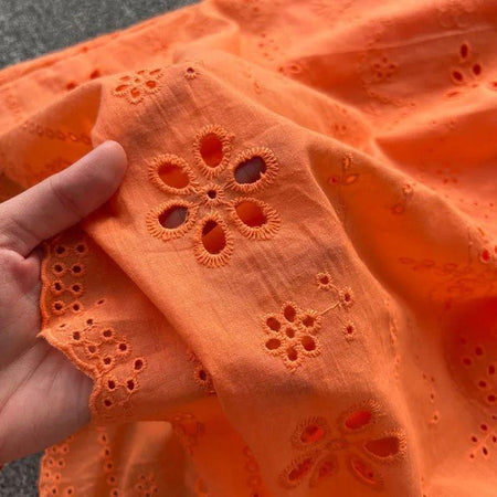 Aimee Cotton Dress - close-up of fabric, orange - Miss Mosa By Akanksha