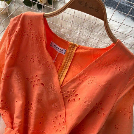 Aimee Cotton Dress - close-up of neckline, orange - Miss Mosa By Akanksha