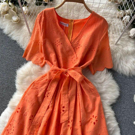 Aimee Cotton Dress - front shot on hanger, orange - Miss Mosa By Akanksha