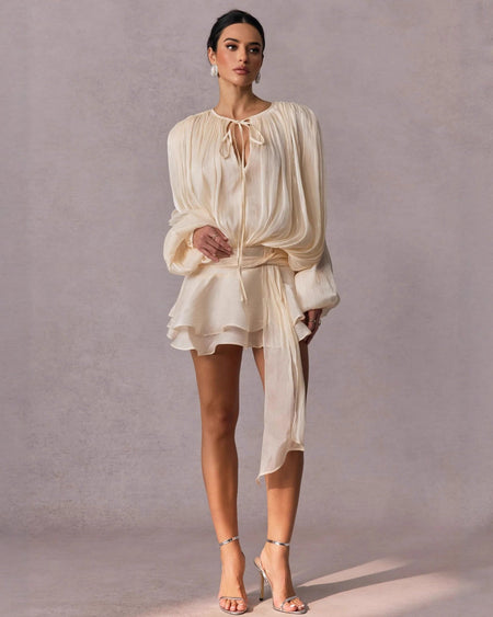 Aimee Ruffle Coord Short Set - full-length shot, cream - Miss Mosa By Akanksha
