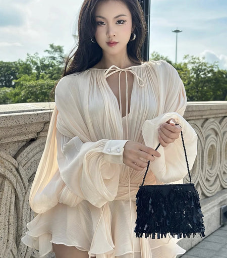Aimee Ruffle Coord Short Set - three-quarter shot, champagne cream - Miss Mosa By Akanksha