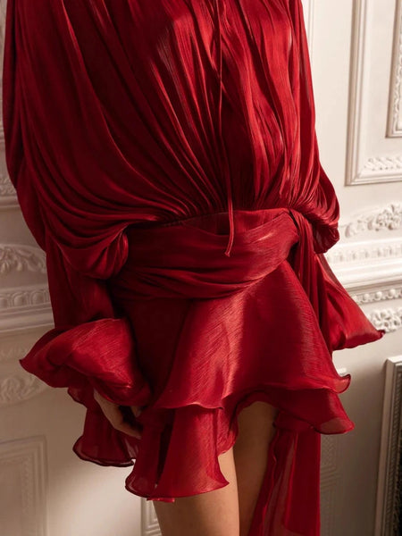 Aimee Ruffle Coord Short Set - hem ruffle detail shot, red - Miss Mosa By Akanksha