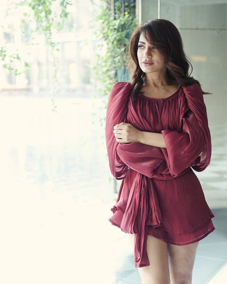 Aimee Ruffle Coord Short Set - three-quarter shot, maroon - Miss Mosa By Akanksha