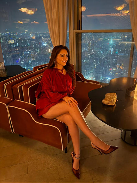 Aimee Ruffle Coord Short Set - seated shot, red - Miss Mosa By Akanksha