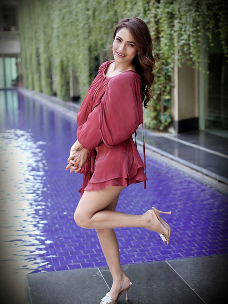 Aimee Ruffle Coord Short Set - full-length shot, maroon - Miss Mosa By Akanksha