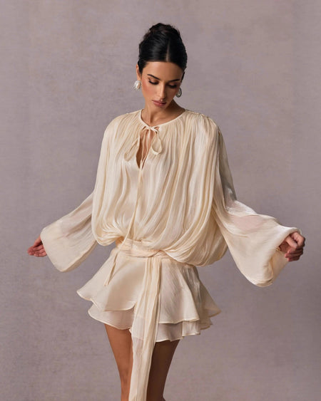 Aimee Ruffle Coord Short Set - front shot, cream - Miss Mosa By Akanksha