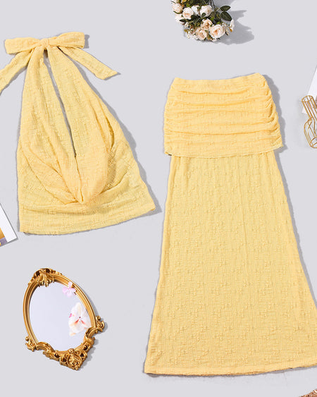 Aitana Cowl Coord Skirt Set - flat-lay shot, pale yellow - Miss Mosa By Akanksha
