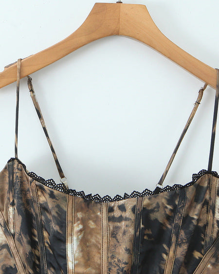 Aki Printed Corset Top - close-up shot, brown and black animal print - Miss Mosa By Akanksha