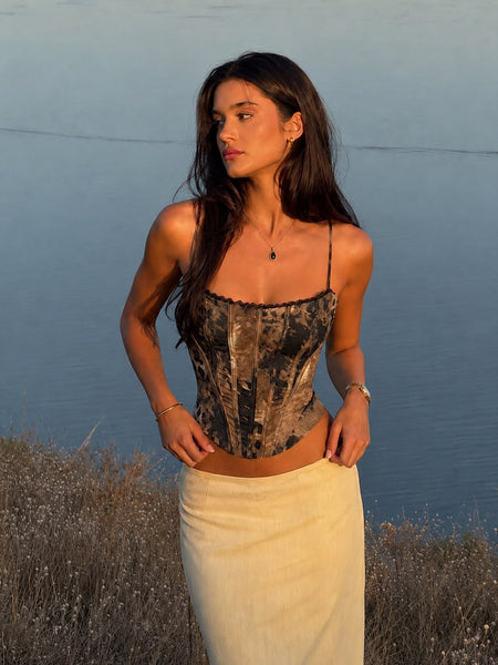 Aki Printed Corset Top - three-quarter front shot, brown and grey camouflage print - Miss Mosa By Akanksha