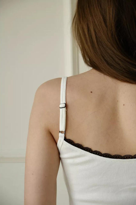 Akilina Two Pc Nightsuit in Beige - back shot of shoulder strap detail on model - Miss Mosa By Akanksha