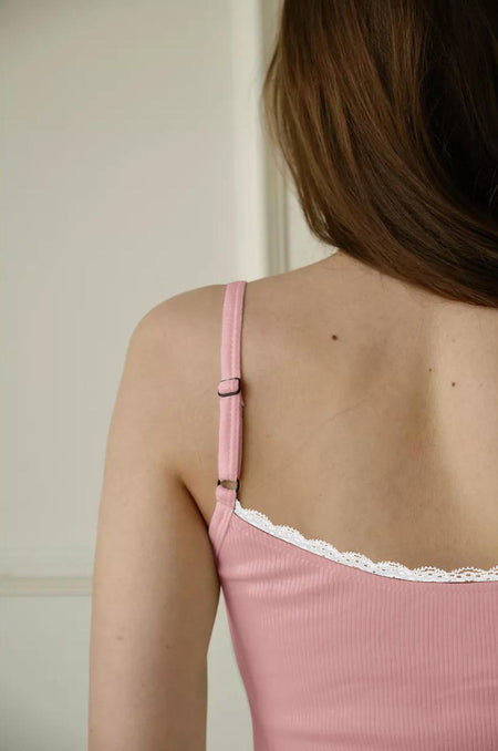 Akilina Two Pc Nightsuit in Pink - back shot of shoulder strap detail on model - Miss Mosa By Akanksha