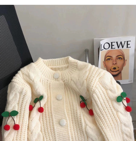 Alaine Statement Woolen Sweater with Cherry Detail - close-up of neckline flat-lay, cream - Miss Mosa By Akanksha