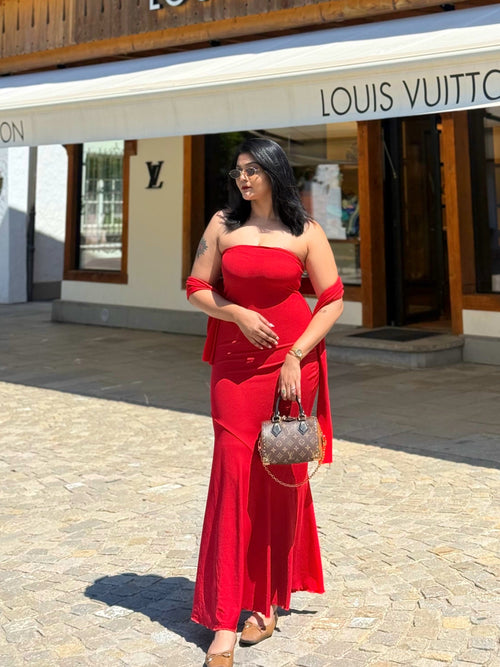 Alamea Offshoulder Statement Dress with Scarf in Red