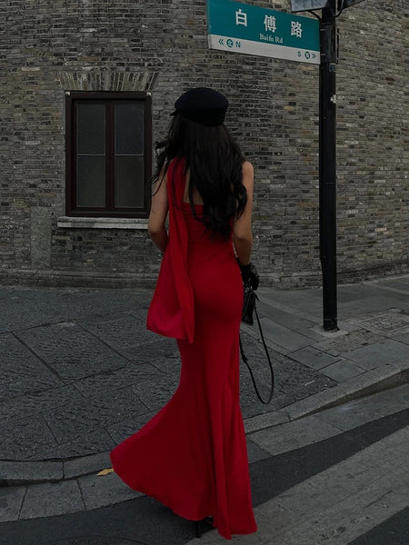 Alamea Offshoulder Statement Dress with Scarf in Red - full-length back shot on model outdoors - Miss Mosa By Akanksha