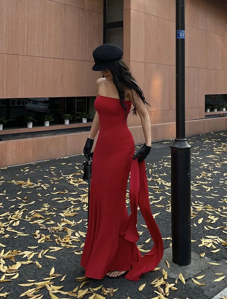 Alamea Offshoulder Statement Dress with Scarf in Red - full-length side shot on model outdoors - Miss Mosa By Akanksha