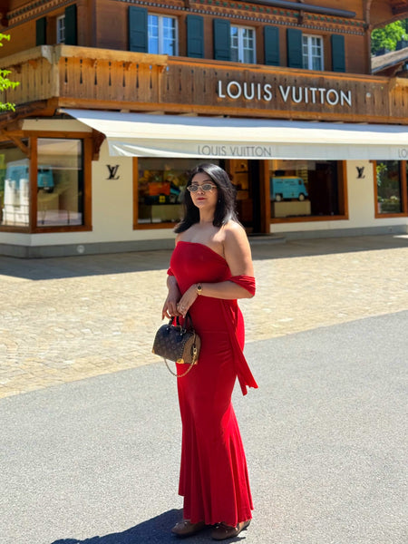 Alamea Offshoulder Statement Dress with Scarf in Red - full-length front shot on model outdoors - Miss Mosa By Akanksha
