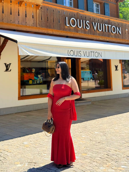 Alamea Offshoulder Statement Dress with Scarf in Red - full-length front shot on model outdoors - Miss Mosa By Akanksha