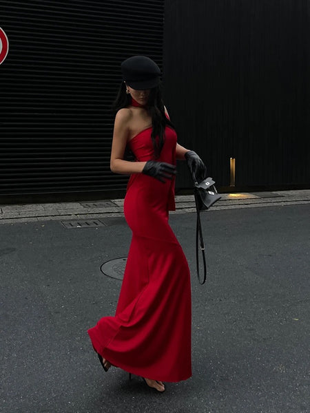 Alamea Offshoulder Statement Dress with Scarf in Red - full-length side shot on model outdoors - Miss Mosa By Akanksha