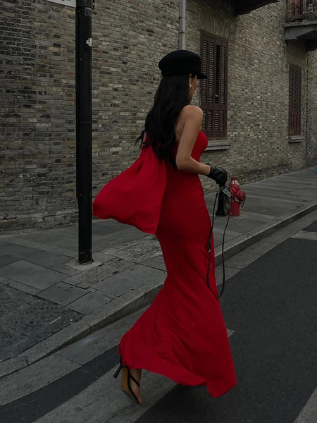 Alamea Offshoulder Statement Dress with Scarf in Red - full-length back shot on model outdoors - Miss Mosa By Akanksha