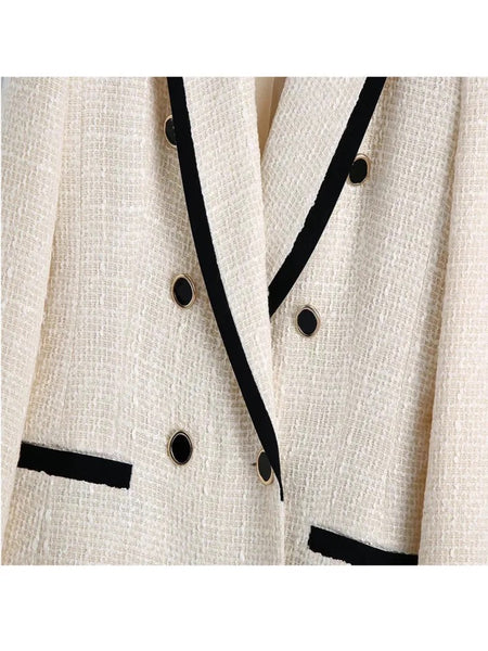 Alamea Statement Tweed Blazer in White - close-up of button detail, white - Miss Mosa By Akanksha