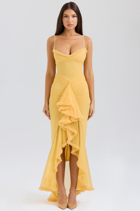 Alana Statement Bodycon Ruffled Dress In Yellow - full-length shot on model - Miss Mosa By Akanksha