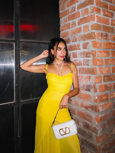 Alana Statement Bodycon Ruffled Dress In Yellow - front shot on model - Miss Mosa By Akanksha