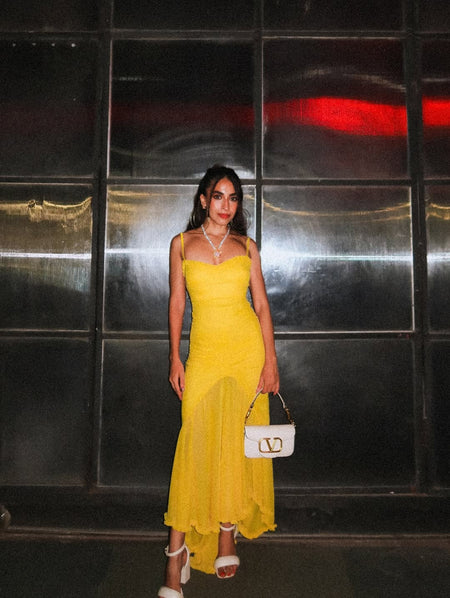 Alana Statement Bodycon Ruffled Dress In Yellow - full-length shot on model - Miss Mosa By Akanksha
