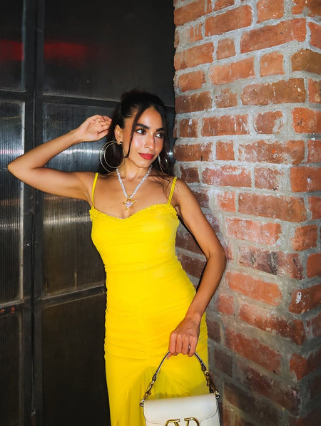 Alana Statement Bodycon Ruffled Dress In Yellow - front shot on model - Miss Mosa By Akanksha