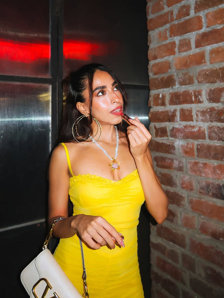 Alana Statement Bodycon Ruffled Dress In Yellow - front shot on model - Miss Mosa By Akanksha
