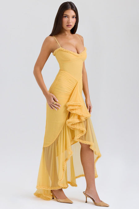 Alana Statement Bodycon Ruffled Dress In Yellow - front shot on model - Miss Mosa By Akanksha
