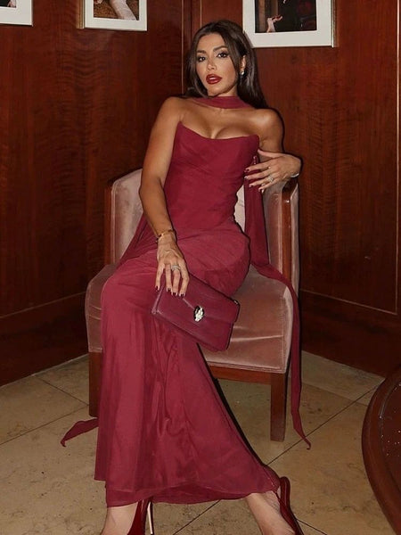 Alara Summer Set of Top And Skirt With Scarf In Maroon - front shot on model seated - Miss Mosa By Akanksha