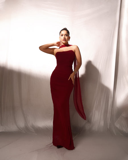 Alara Summer Set of Top And Skirt With Scarf In Maroon - full-length front shot on model in studio - Miss Mosa By Akanksha