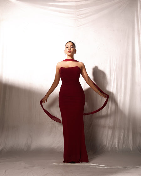 Alara Summer Set of Top And Skirt With Scarf In Maroon - full-length front shot on model in studio - Miss Mosa By Akanksha