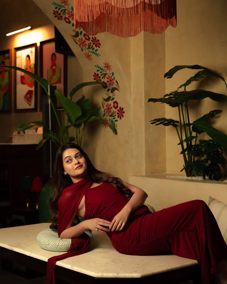 Alara Summer Set of Top And Skirt With Scarf In Maroon - side shot on model reclining - Miss Mosa By Akanksha