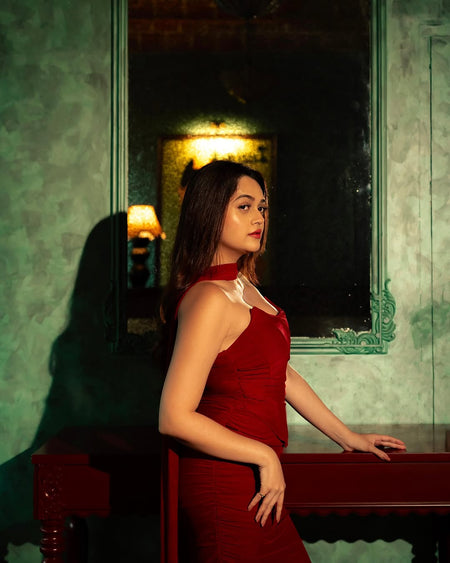 Alara Summer Set of Top And Skirt With Scarf In Maroon - side shot on model standing - Miss Mosa By Akanksha