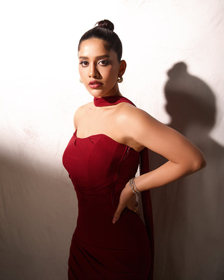 Alara Summer Set of Top And Skirt With Scarf In Maroon - front shot on model standing - Miss Mosa By Akanksha