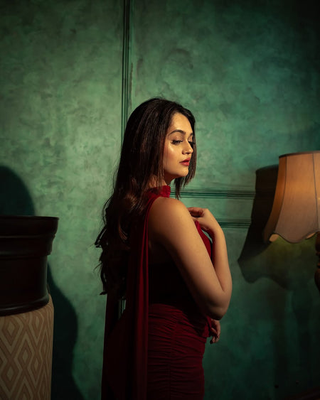 Alara Summer Set of Top And Skirt With Scarf In Maroon - side shot on model standing - Miss Mosa By Akanksha