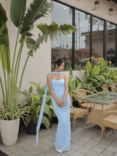 Alara Summer Set of Top And Skirt With Scarf In Sky Blue - full-length side shot on model outdoors - Miss Mosa By Akanksha