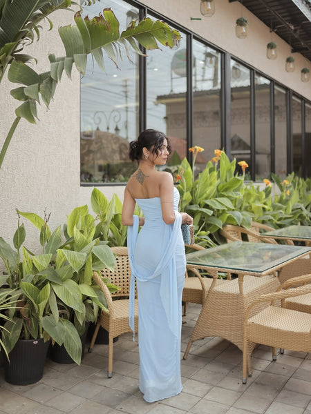 Alara Summer Set of Top And Skirt With Scarf In Sky Blue - back shot on model outdoors - Miss Mosa By Akanksha